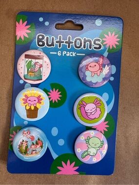 NWT Hot Topic Axolotl 6-pack of 1.25" Button Pins by Whatever! Company